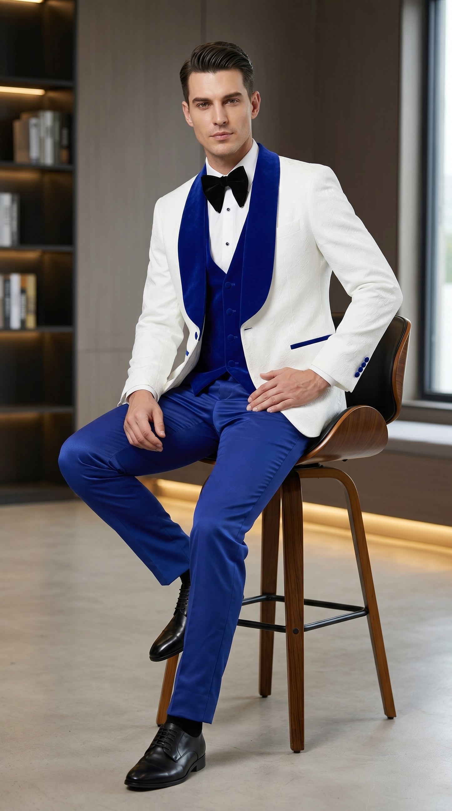 Men’s White Paisley Wedding Tuxedo with Royal Blue Velvet Shawl Lapel, Vested Prom Formal Suit Set