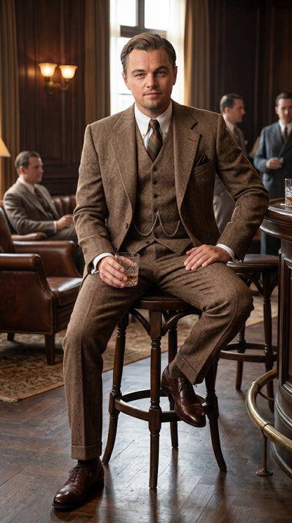 Men’s Light Brown Tweed Herringbone 3 Piece Great Gatsby Suit, Vested Vintage Wedding Formal Suit Set
