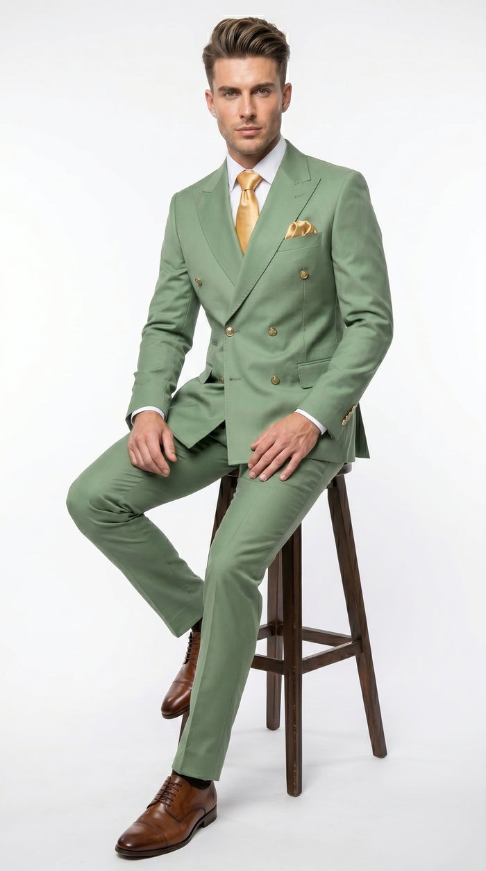 Men’s Sage Green Double Breasted 2 Piece Suit with Gold Buttons, Pistachio Formal Dress Suit