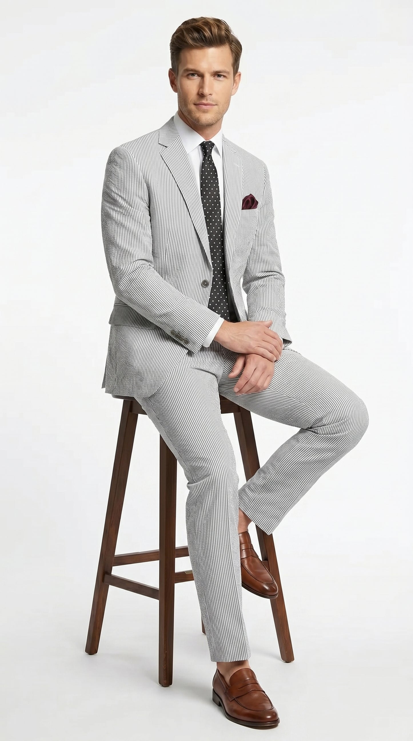 Men’s Black Pinstripe Summer Seersucker 2 Piece Suit with Jacket and Matching Pants