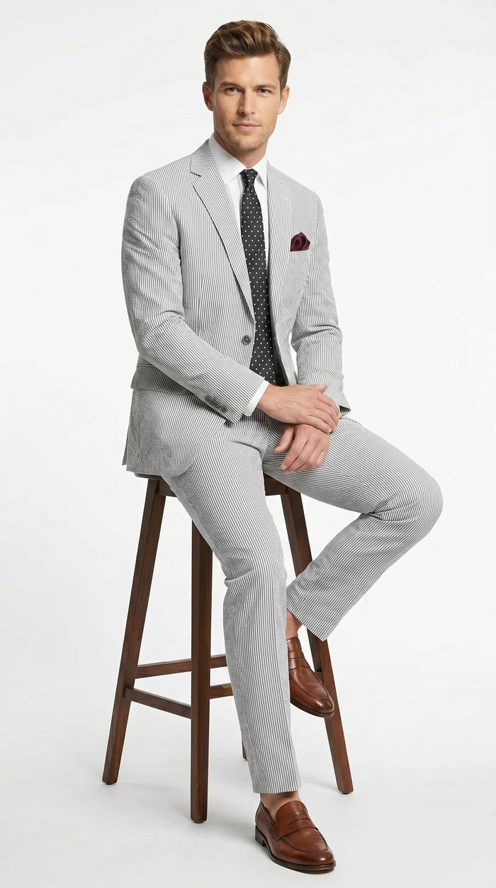Men’s Black Pinstripe Summer Seersucker 2 Piece Suit with Jacket and Matching Pants