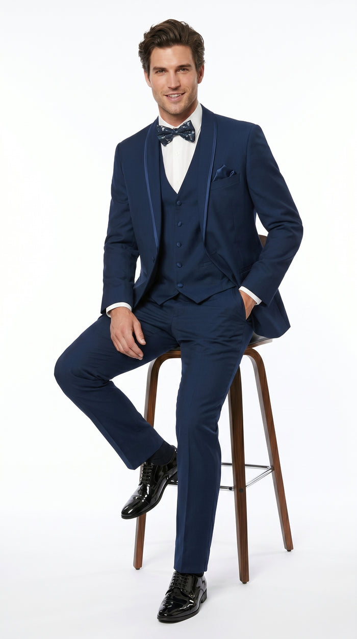 Men’s Sapphire Blue Vested Shawl Lapel Tuxedo with Satin Trim, Formal Wedding Prom Dinner Suit Set