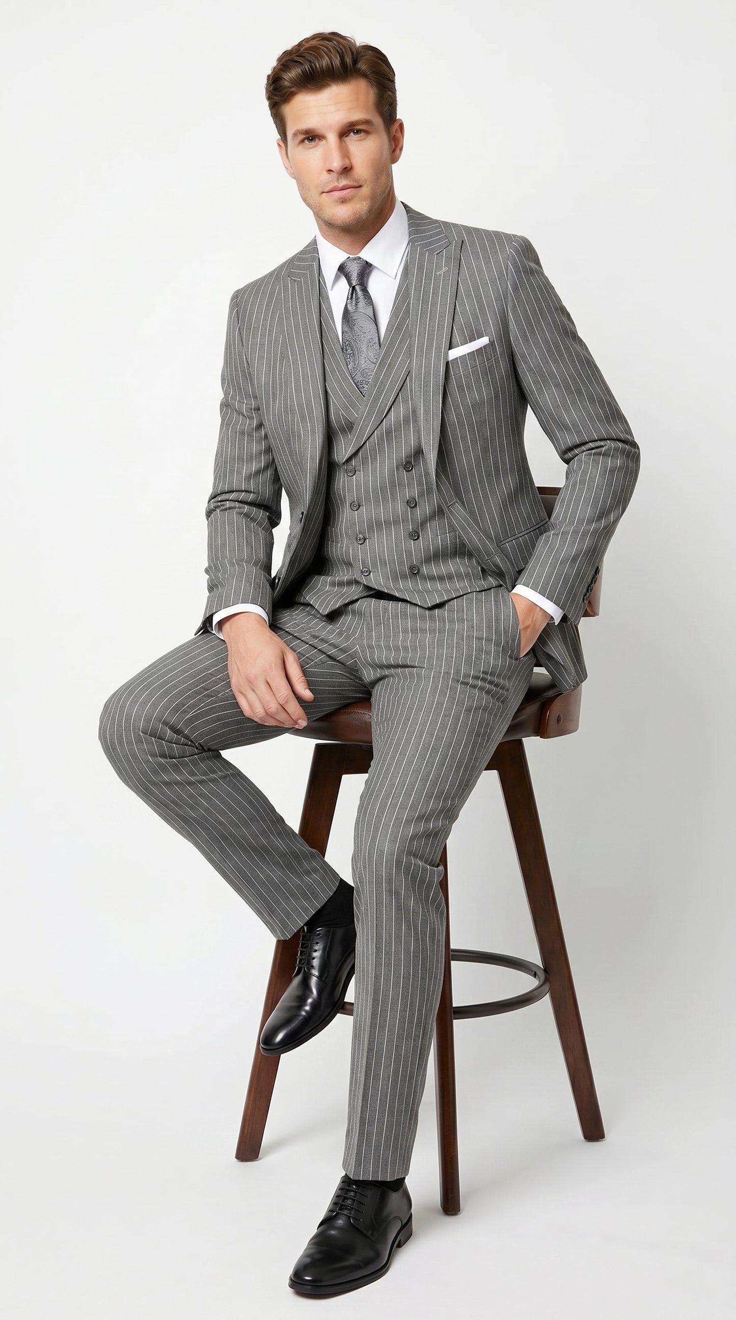 Men’s Gray Gangster Pinstripe 3 Piece Suit with 2 Button Jacket and Double Breasted Vest