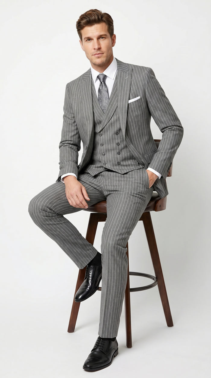 Men’s Gray Gangster Pinstripe 3 Piece Suit with 2 Button Jacket and Double Breasted Vest
