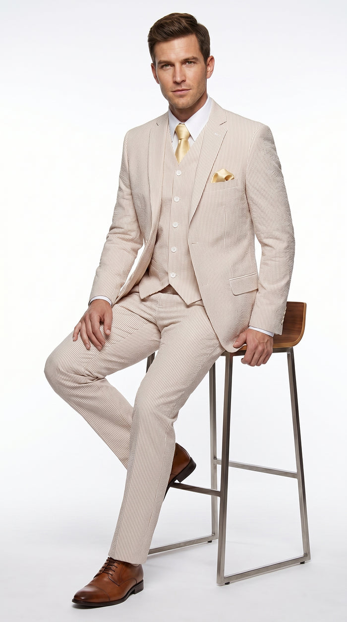 Men’s Tan Seersucker Summer Suit with 2 Button Jacket, Vest and Matching Pants