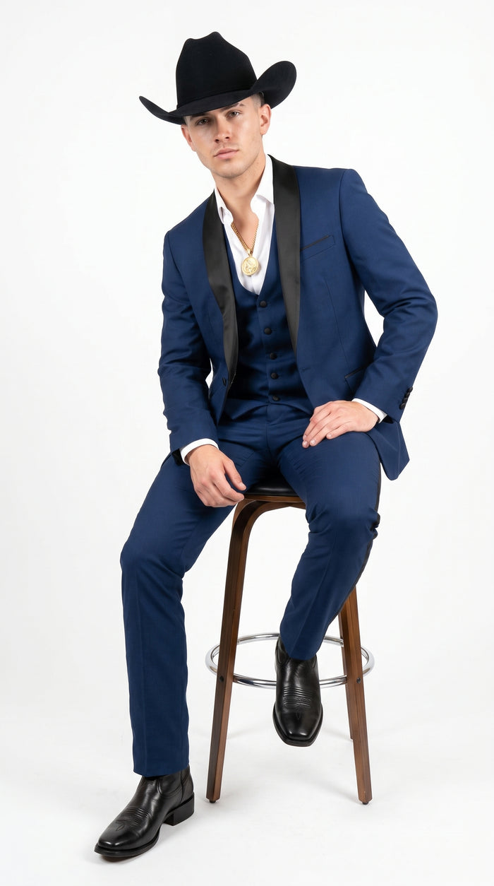Men’s Sapphire Indigo Western Tuxedo Suit – Cobalt Blue Cowboy Formal Suit with Black Shawl Collar, Vest & Pants