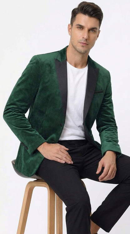 Men’s Hunter Green Velvet Prom Blazer Tuxedo Jacket with Black Peak Lapel