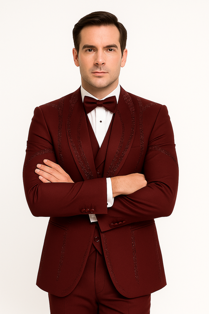 Men's Burgundy Italian Wool 3-Piece Modern Formal Tuxedo