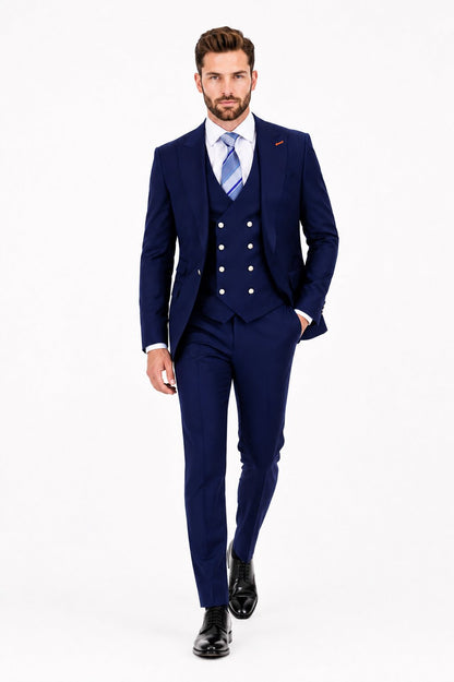 Men's Navy Statement Ticket Pocket Peak Lapel Wool Double Breasted Vest Suit with Silver Buttons – Modern Fit