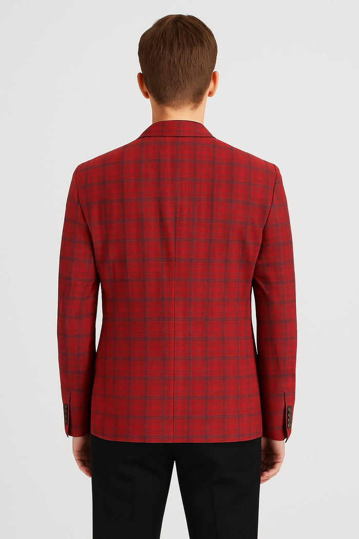 Modern Red Plaid Blazer  Tartan Windowpane Pattern Christmas Party Color