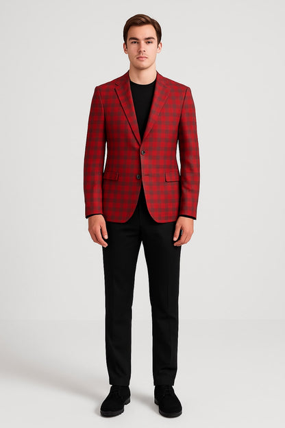 Modern Red Plaid Blazer  Tartan Windowpane Pattern Christmas Party Color
