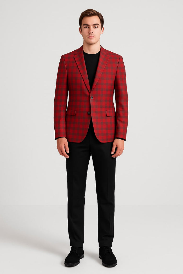 Modern Red Plaid Blazer  Tartan Windowpane Pattern Christmas Party Color