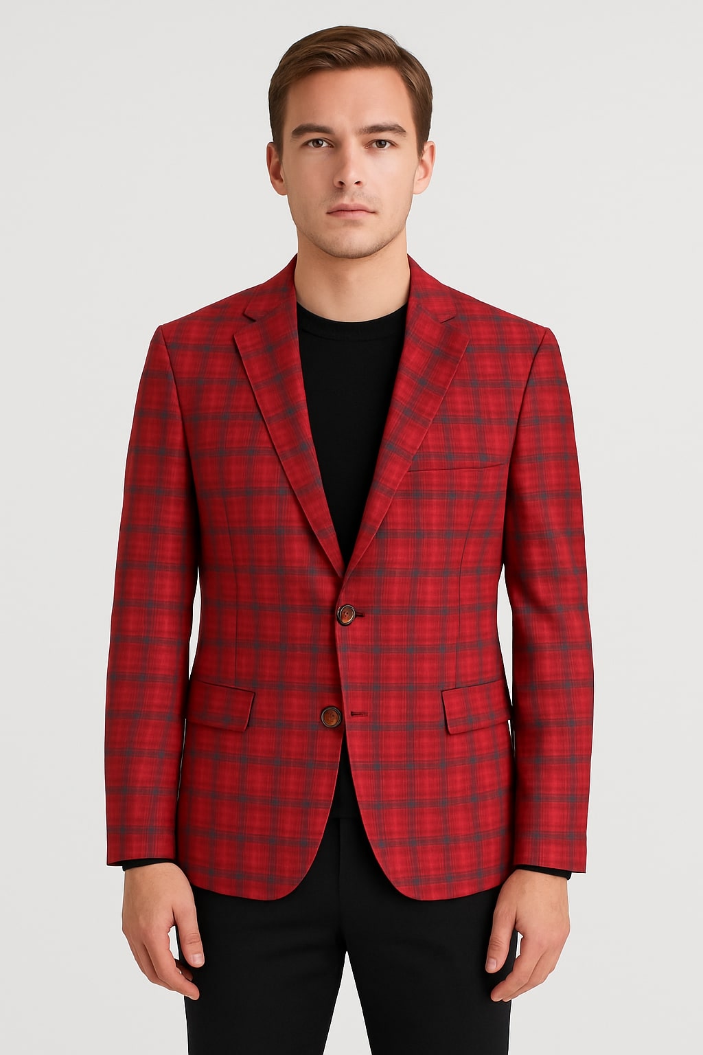 Modern Red Plaid Blazer  Tartan Windowpane Pattern Christmas Party Color