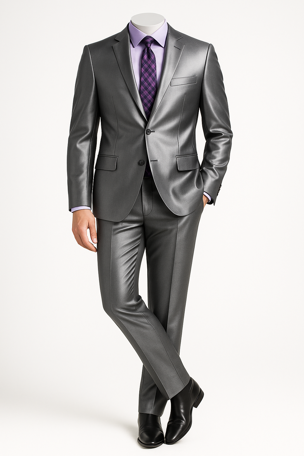 Mens Shiny Sharkskin Suit in Silver Grey