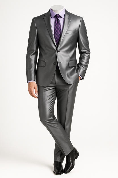 Mens Shiny Sharkskin Suit in Silver Grey
