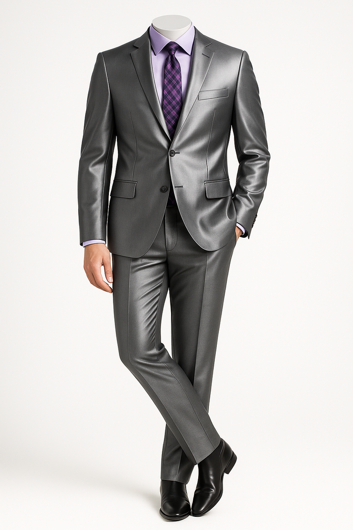 Men's Shiny Sharkskin Suit in Silver Grey
