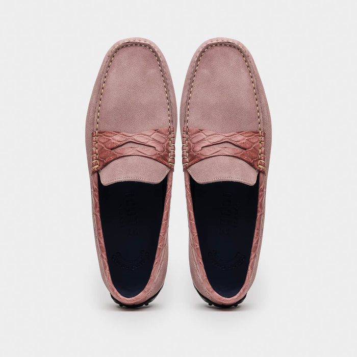 Zelli Monza Suede and Caiman Crocodile Driving Shoes in Candy