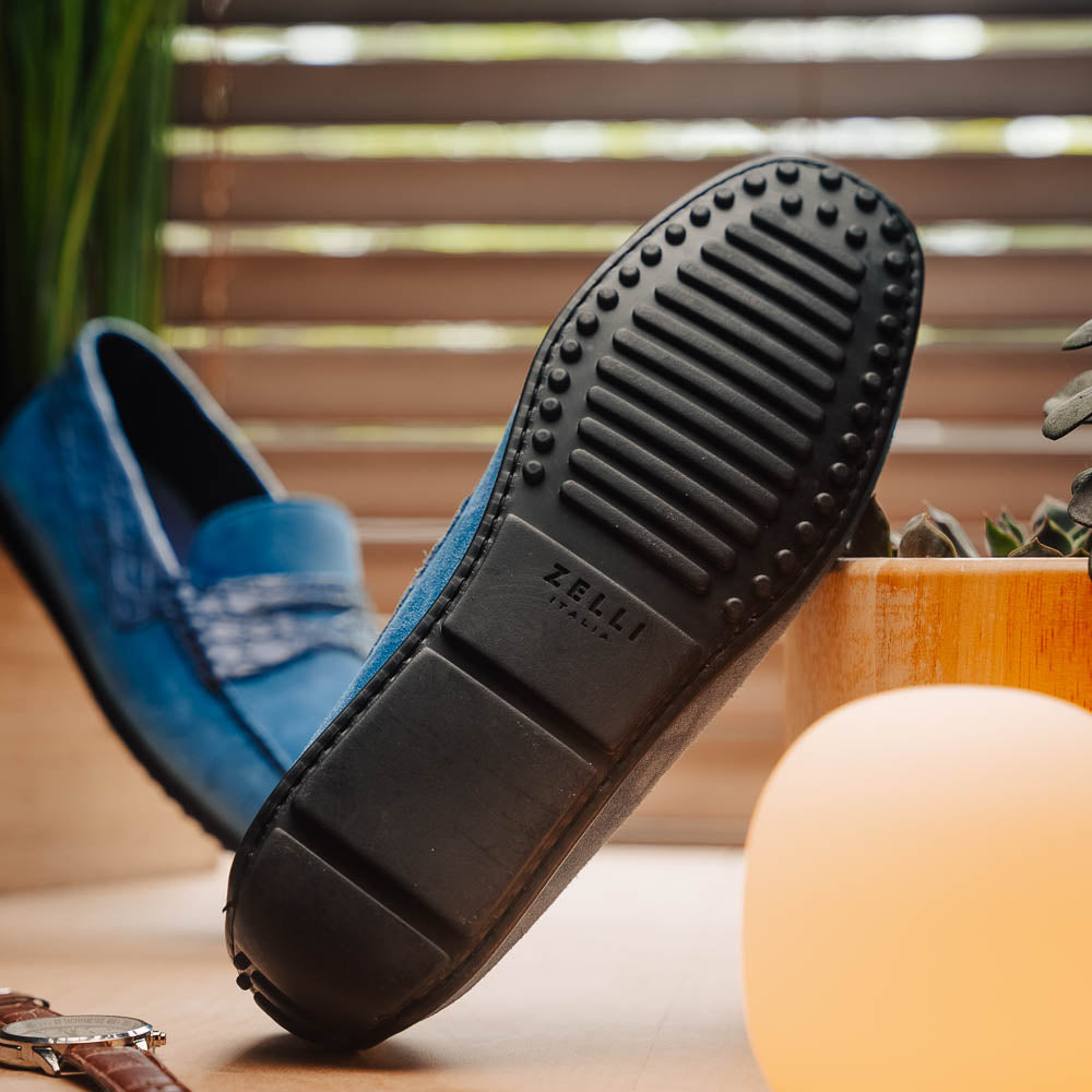 Zelli Monza Suede & Caiman Crocodile Driving Shoes in Denim