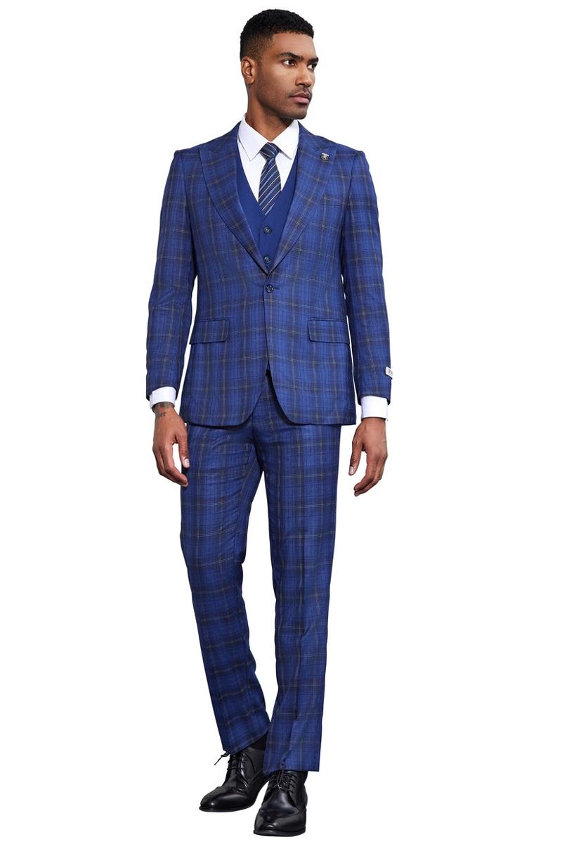 Men's Stacy Adams Bold Windowpane Plaid Print Vested Suit in Midnight Blue