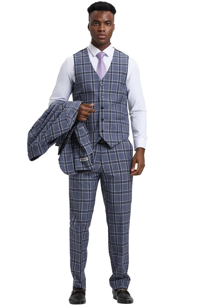 Men's Stacy Adams Two Button Vested Glen Plaid Check Suit in Grey