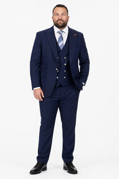 Men's Navy Statement Ticket Pocket Peak Lapel Wool Double Breasted Vest Suit with Silver Buttons – Modern Fit