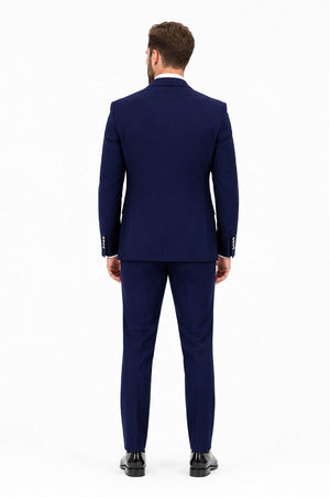 Men's Navy Statement Ticket Pocket Peak Lapel Wool Double Breasted Vest Suit with Silver Buttons – Modern Fit