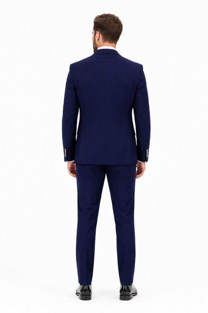 Men's Navy Statement Ticket Pocket Peak Lapel Wool Double Breasted Vest Suit with Silver Buttons – Modern Fit