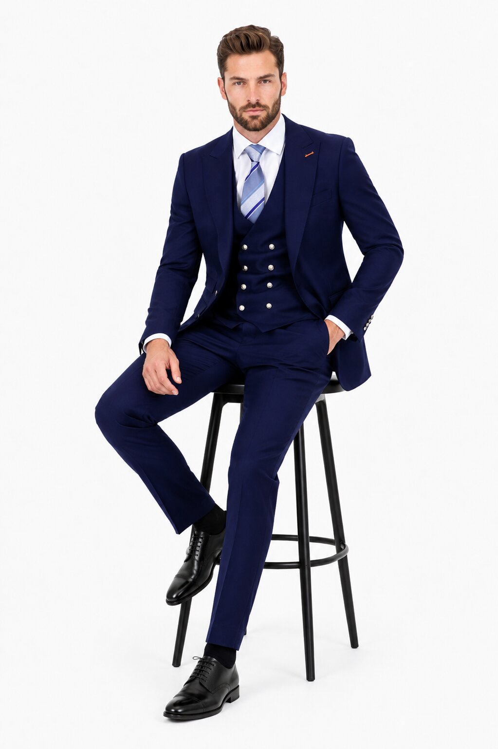 Men's Navy Statement Ticket Pocket Peak Lapel Wool Double Breasted Vest Suit with Silver Buttons – Modern Fit