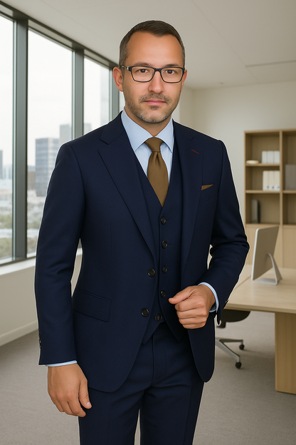 Wool Suit - Italian Made Business Suit by Statement Men's 3 Piece 100% Wool Fashion Suit - Herringbone Stripes