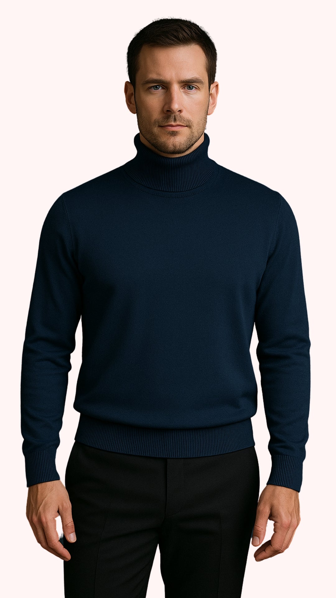 Men's Navy Blue Classic Turtleneck Sweater  Lightweight Knit Pullover