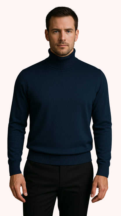 Men's Navy Blue Classic Turtleneck Sweater  Lightweight Knit Pullover