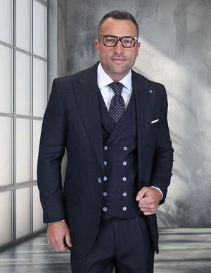 Statement Men's Big and Tall 3 Piece 100% Wool Wide Leg Suit- Woven Texture