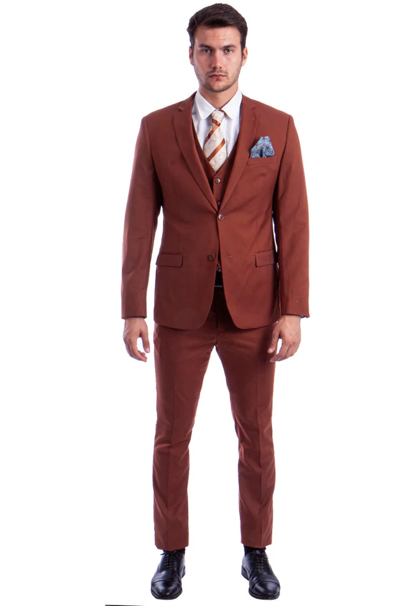 Mens Light Brown Rust Slim Fit Suit  3-Piece Solid Color with Vest