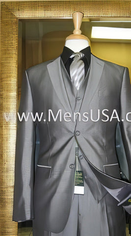 2 Button 3 Piece Silver Shiny Slim Fit Suit
