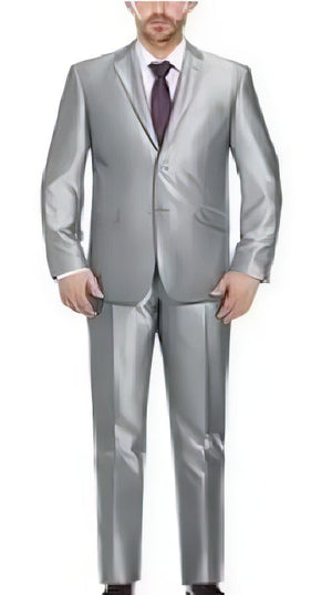 Renoir Suits - Renoir Fashion Verno Cavallo Men'S Silver Solid Pattern Slim Fit Polyester Suit