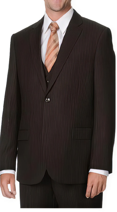 Brand: Caravelli Collezione Suit - Caravelli Suit - Caravelli italy Caravelli Men's 2 Button Brown Pinstripe Vested Double Vent Suit