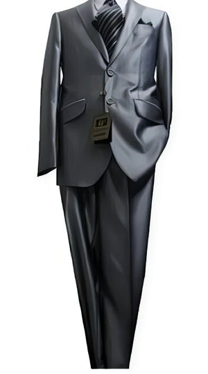 Fitted Discounted Sale Slim Cut 2 Button Shiny Flashy Metallic Slim Fit & Slim  Silver Sharkskin Suit