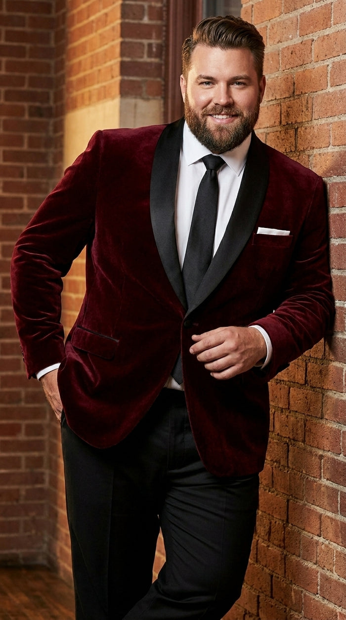 Men's One Button Velvet Shawl BMen’s Burgundy Velvet One Button Tuxedo Jacket, Black Shawl Collar Formal Dinner Blazer for Weddings, Prom, Parties, and Special Occasionsurgundy Collar Tuxedo Jacket