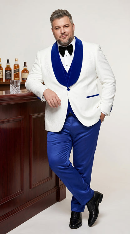 Men’s White Paisley Wedding Tuxedo with Royal Blue Velvet Shawl Lapel, Vested Prom Formal Suit Set