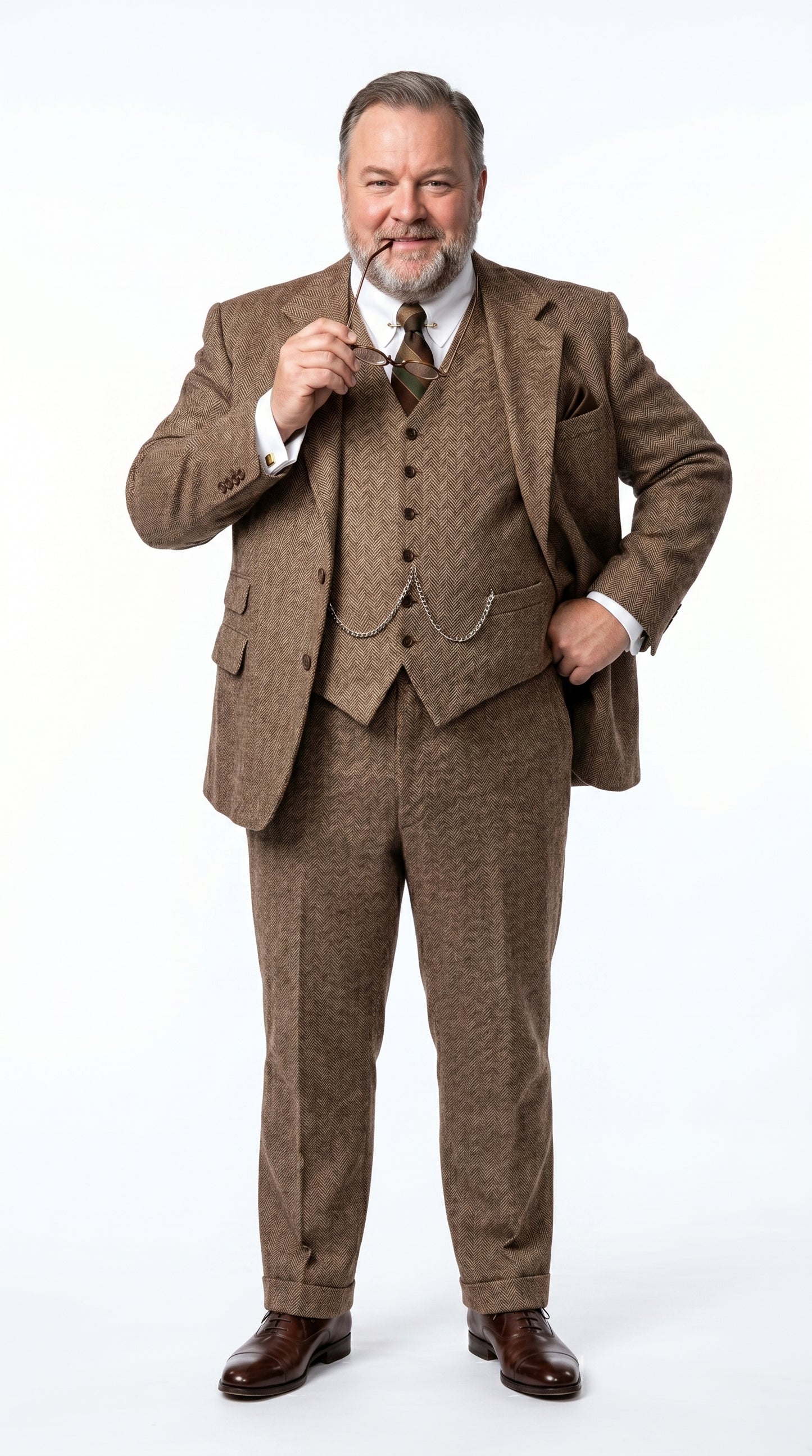 Men’s Light Brown Tweed Herringbone 3 Piece Great Gatsby Suit, Vested Vintage Wedding Formal Suit Set