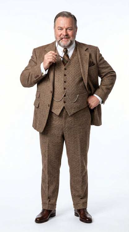 Men’s Light Brown Tweed Herringbone 3 Piece Great Gatsby Suit, Vested Vintage Wedding Formal Suit Set
