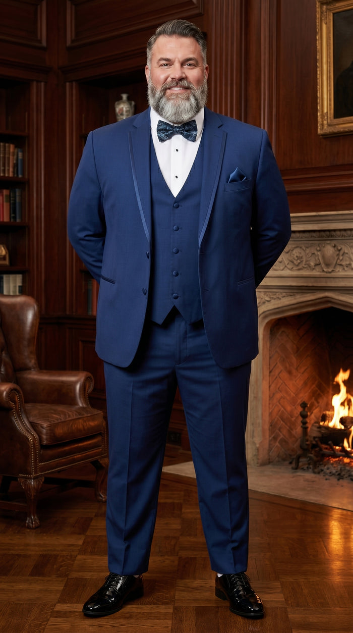 Men’s Sapphire Blue Vested Shawl Lapel Tuxedo with Satin Trim, Formal Wedding Prom Dinner Suit Set