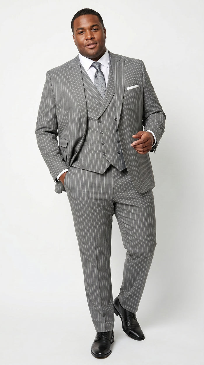 Men’s Gray Gangster Pinstripe 3 Piece Suit with 2 Button Jacket and Double Breasted Vest
