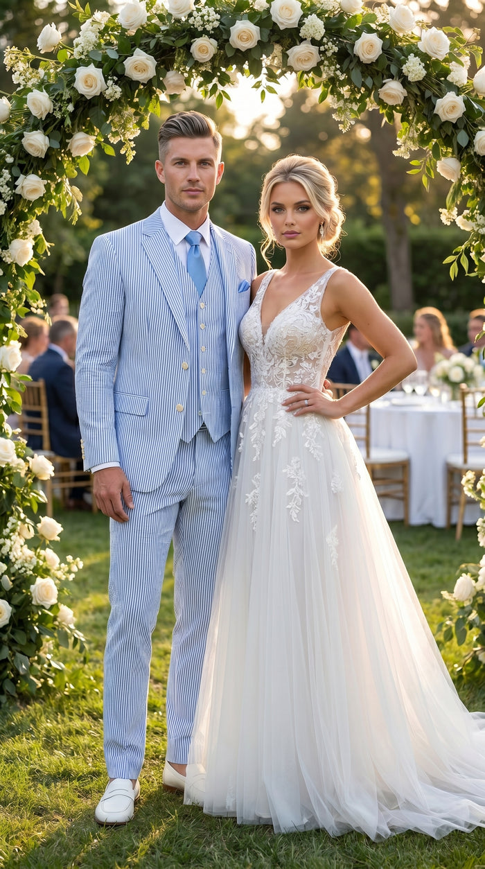 Men’s Light Blue Seersucker Jacket + Pants Suit with 2 Button Jacket, Summer Wedding Formal Dress Suit