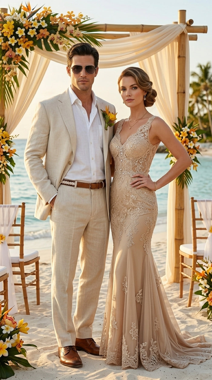 Men’s Natural Sand Light Tan Linen Suit, Summer Beach Wedding Formal Suit Set