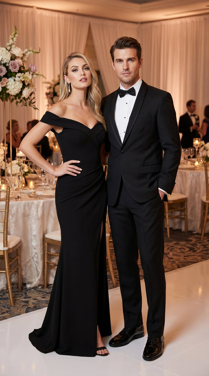 Men’s Black 1 Button Shawl Tuxedo with Black Satin Trim, Formal Wedding Dinner Suit
