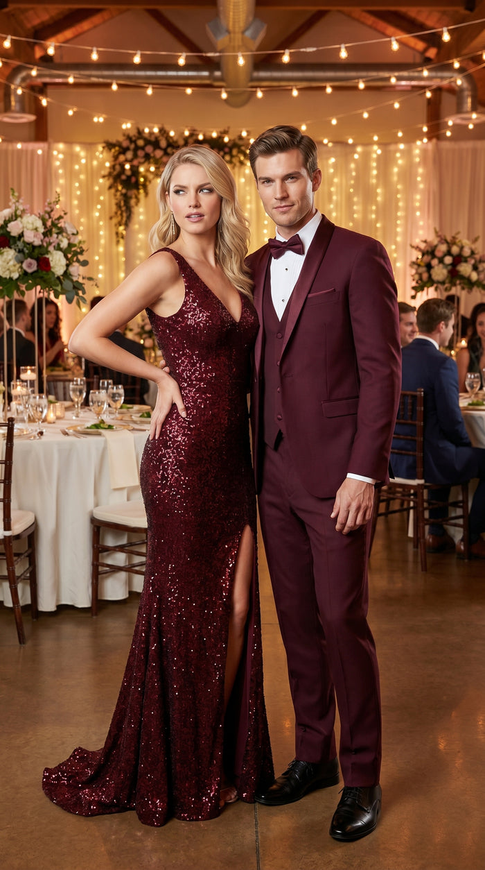 Men’s Burgundy Wool Vested Shawl Prom Tuxedo with One Button Jacket and Matching Pants