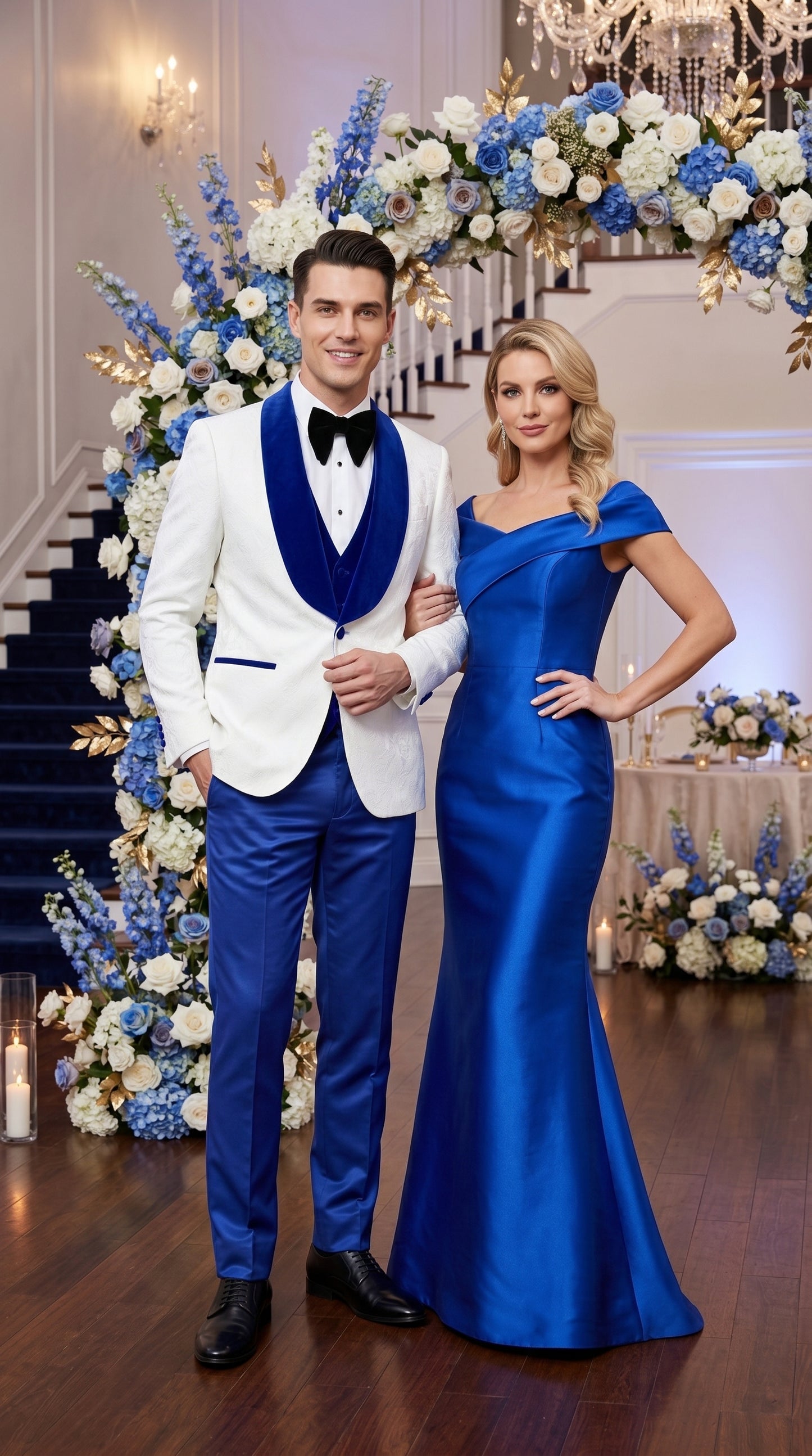 Men’s White Paisley Wedding Tuxedo with Royal Blue Velvet Shawl Lapel, Vested Prom Formal Suit Set