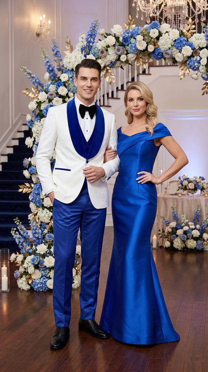 Men’s White Paisley Wedding Tuxedo with Royal Blue Velvet Shawl Lapel, Vested Prom Formal Suit Set