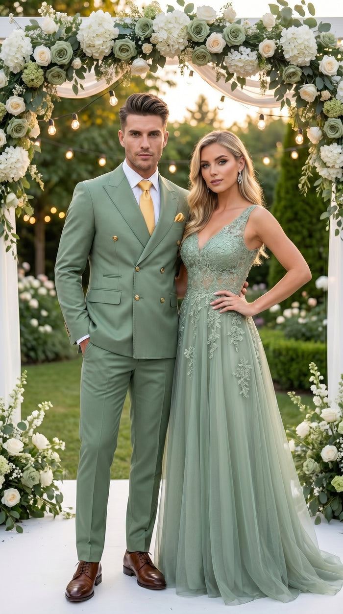 Men’s Sage Green Double Breasted 2 Piece Suit with Gold Buttons, Pistachio Formal Dress Suit